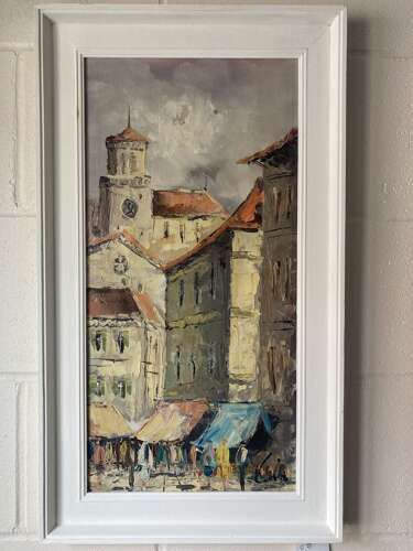 French Market Square Scene Oil on Canvas (circa 1960)