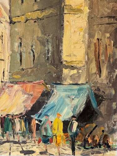 French Market Square Scene Oil on Canvas (circa 1960)