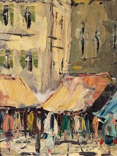 French Market Square Scene Oil on Canvas (circa 1960)