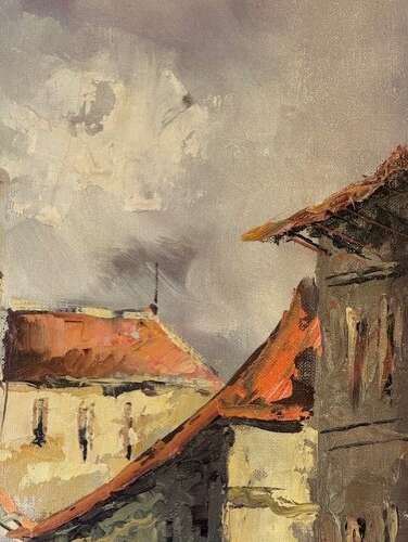 French Market Square Scene Oil on Canvas (circa 1960)