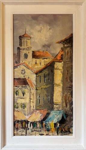 French Market Square Scene Oil on Canvas (circa 1960)
