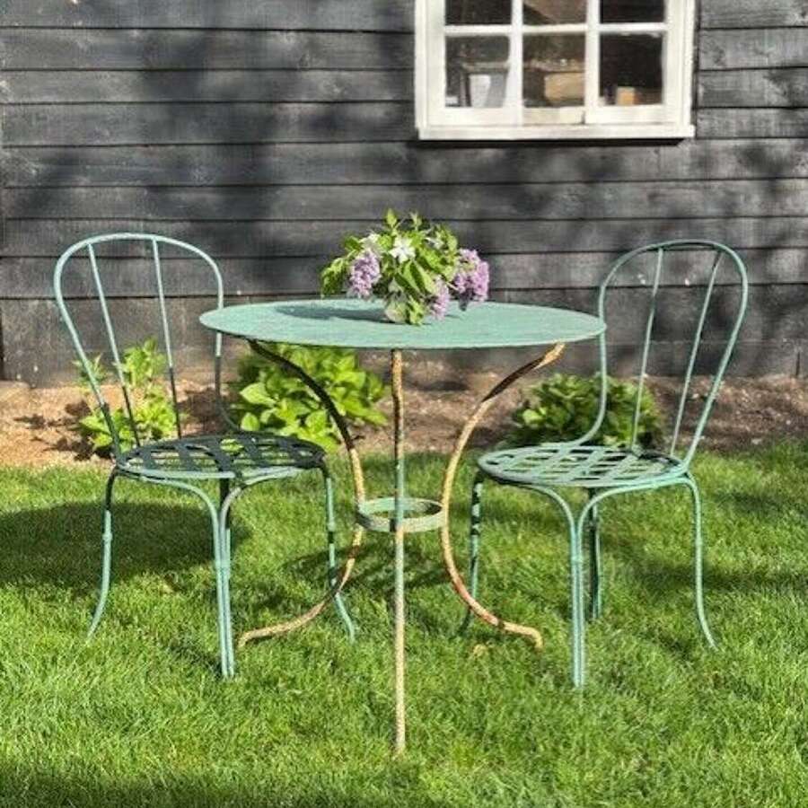 Antique French Bistro Table and Pair of Bistro Chairs