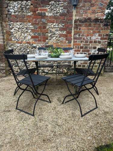 French Zinc Top Garden/Interior Table (c1900) & Six Folding French Ch