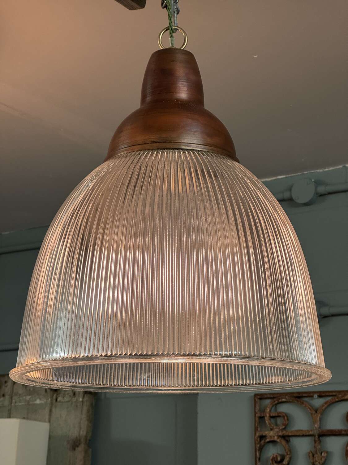 A Set of Three Holophane Glass and Copper Lamps from The British Aircraft Corporation