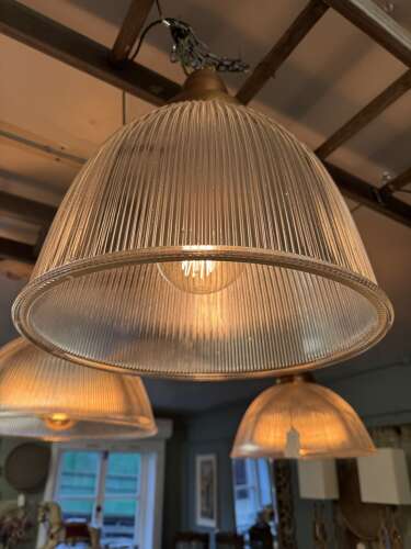 A Set of Three Holophane Glass and Copper Lamps from The British Aircraft Corporation