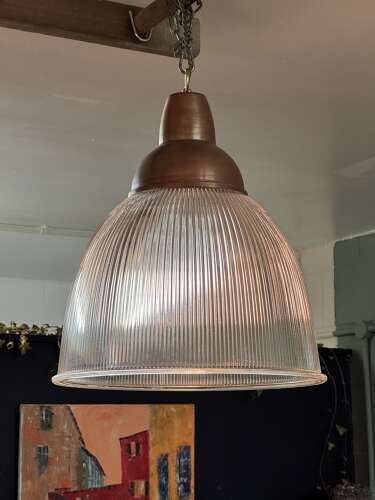A Set of Three Holophane Glass and Copper Lamps from The British Aircraft Corporation