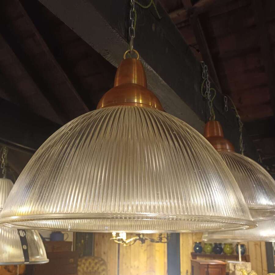 Set of Large Holophane Glass & Copper Pendant Lamps From The British Aircraft Corporation