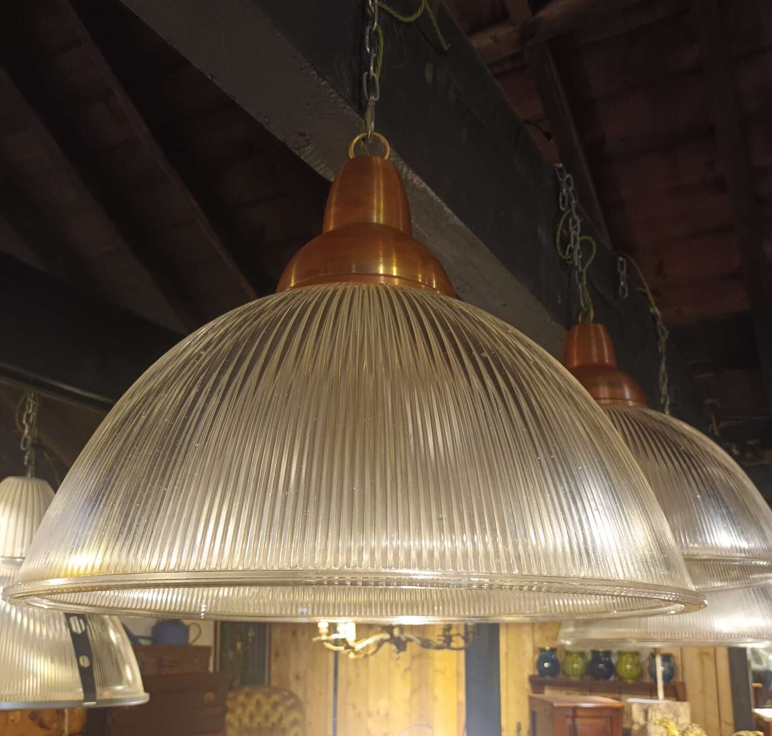 Set of Large Holophane Glass & Copper Pendant Lamps From The British Aircraft Corporation