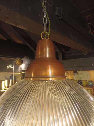 Set of Large Holophane Glass & Copper Pendant Lamps From The British Aircraft Corporation