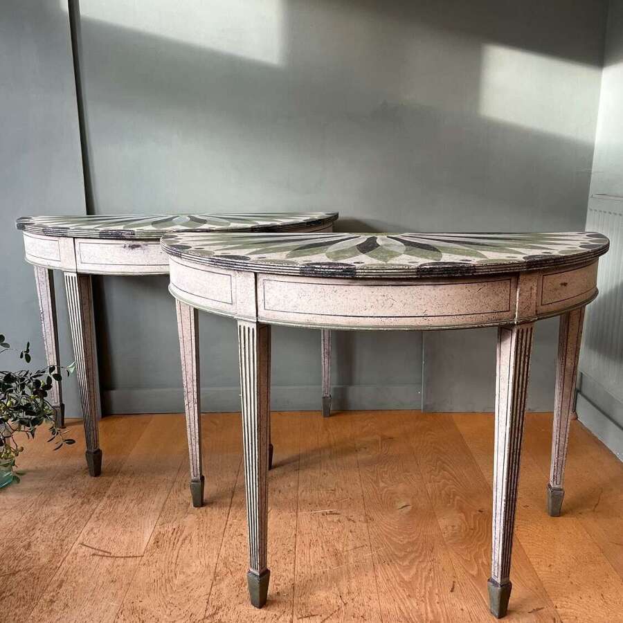 A Pair of Later Decorated 19th Century Demi Lune Console Tables.