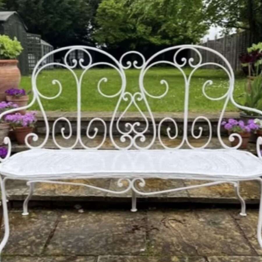 Vintage French White Wrought Iron Two Seat Garden Bench