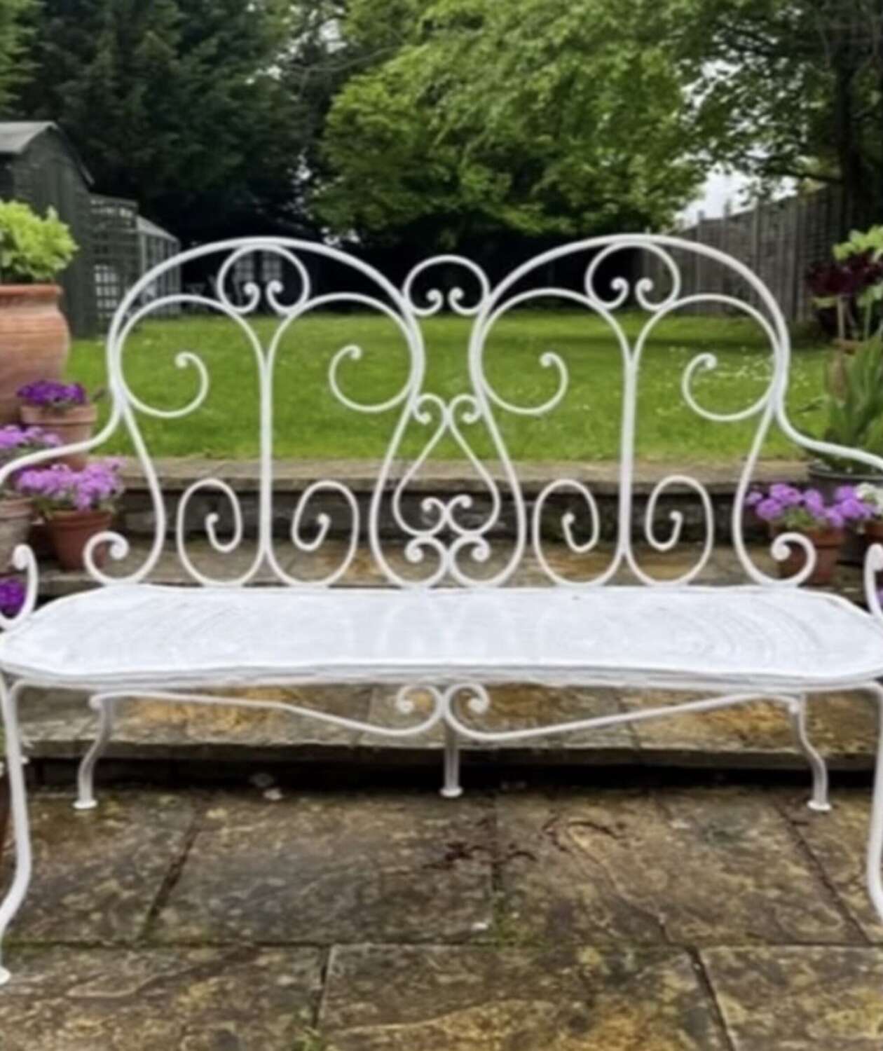 Vintage French White Wrought Iron Two Seat Garden Bench