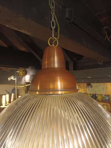 Set of 3 Holophane Glass & Copper Pendant Lamps from The British Aerospace Factory (1940s)